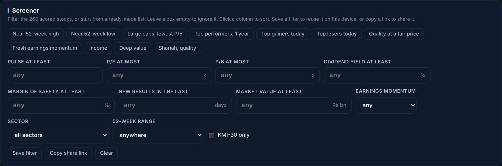 The screener controls: ready-made lists, filter boxes and buttons